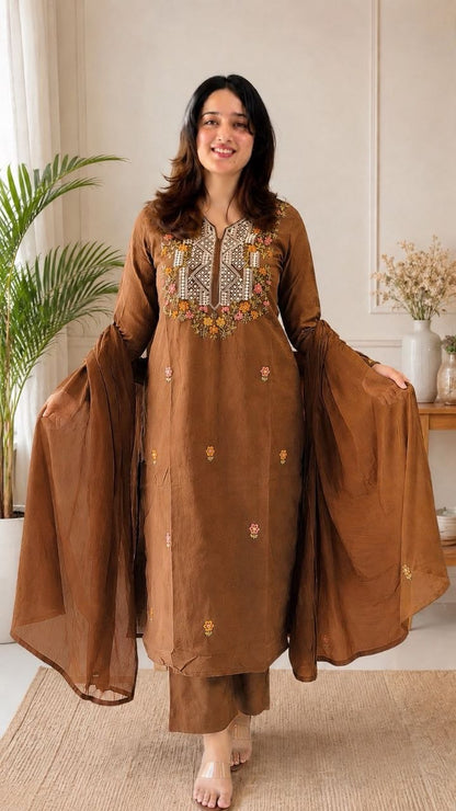 Brown Roman Silk Embroidered Kurta Pant Set with Chanderi Dupatta | RO18076