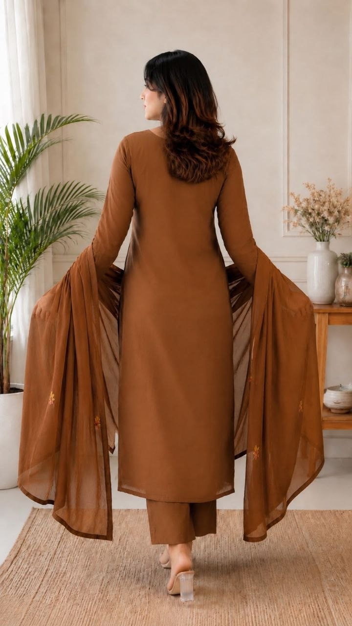 Brown Roman Silk Embroidered Kurta Pant Set with Chanderi Dupatta | RO18076