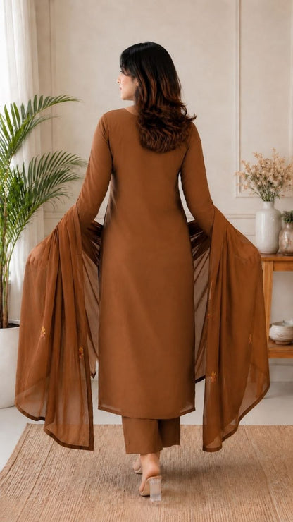 Brown Roman Silk Embroidered Kurta Pant Set with Chanderi Dupatta | RO18076