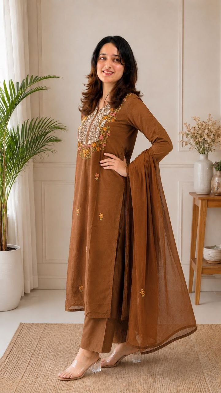 Brown Roman Silk Embroidered Kurta Pant Set with Chanderi Dupatta | RO18076