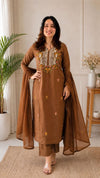 Brown Roman Silk Embroidered Kurta Pant Set with Chanderi Dupatta | RO18076