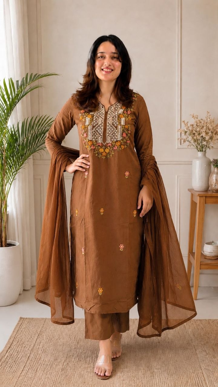 Brown Roman Silk Embroidered Kurta Pant Set with Chanderi Dupatta | RO18076