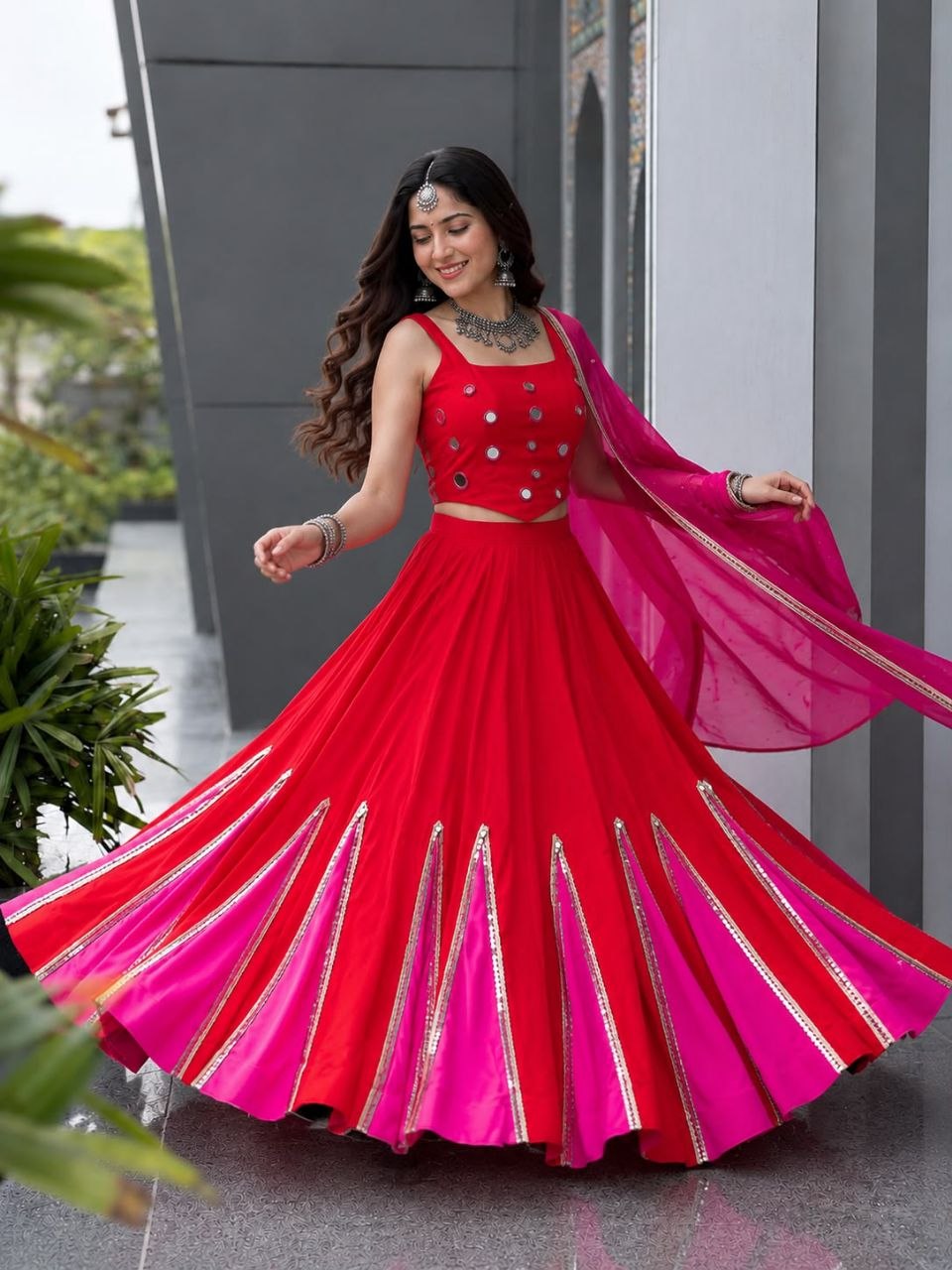 Navratri Special Cotton Lehenga Choli with Mirror Work & Georgette Dupatta | RO18073