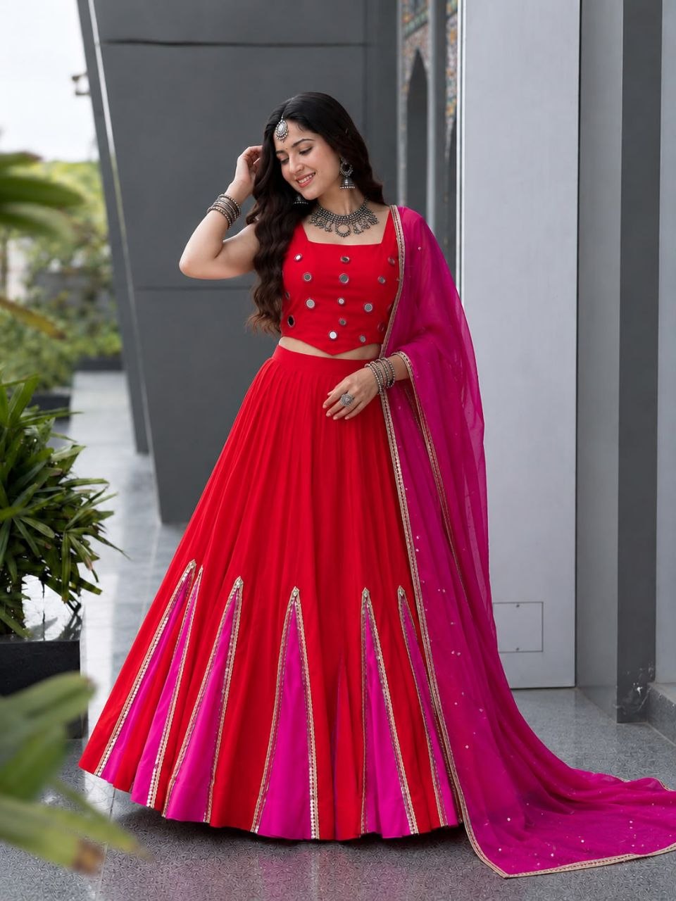 Navratri Special Cotton Lehenga Choli with Mirror Work & Georgette Dupatta | RO18073