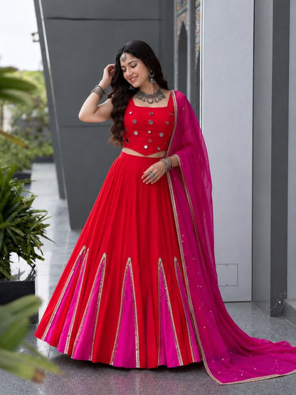 Navratri Special Cotton Lehenga Choli with Mirror Work & Georgette Dupatta | RO18073