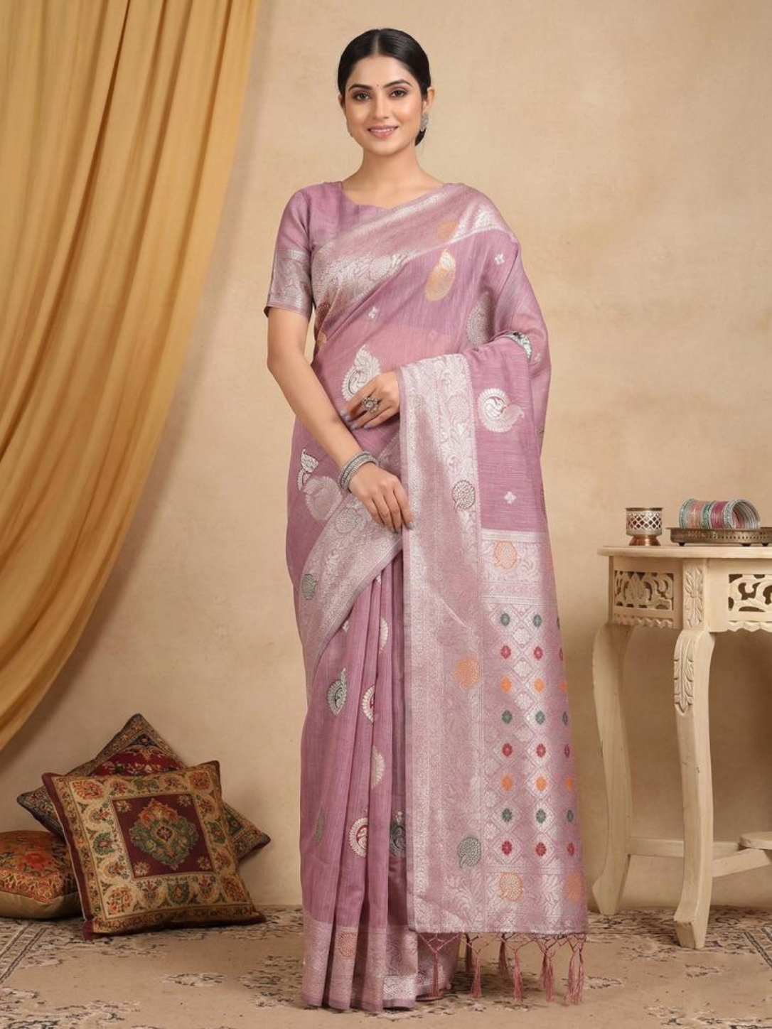 RIWAAZ by fashionable designer LINEN COTTON Fabric saree wholesale, with fancy latkan