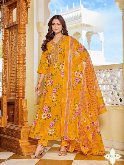 Radhika Lifestyle BLOSSOM Vol 8 Cotton Suit Set | Embroidered Printed Kurti with Dupatta | S to 5XL | 8 Designs