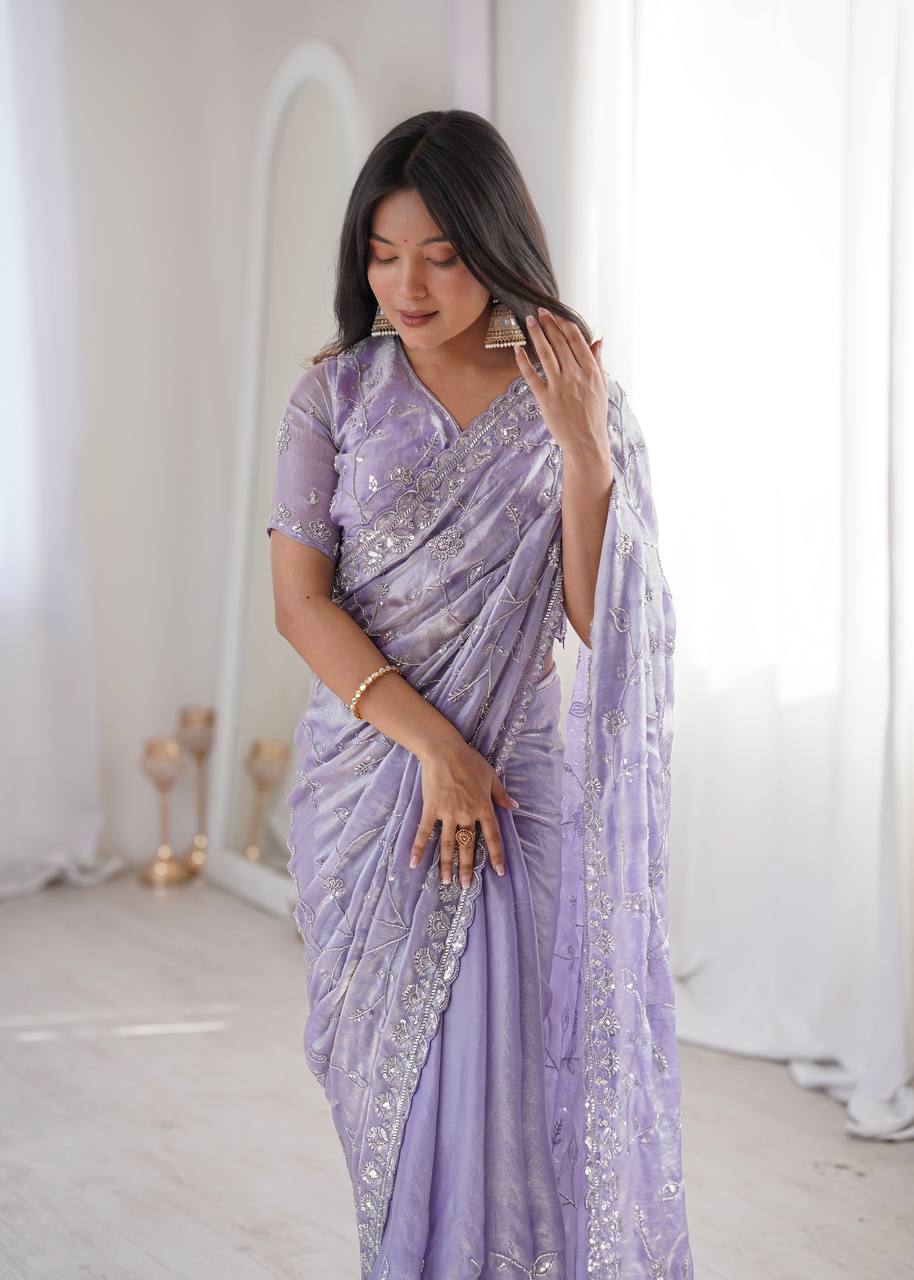Premium Two Tone Fandy Silk Saree with Heavy Real Beads & Thread Embroidery Work | Designer Party Wear, Wedding & Festive Saree with Unstitched Blouse