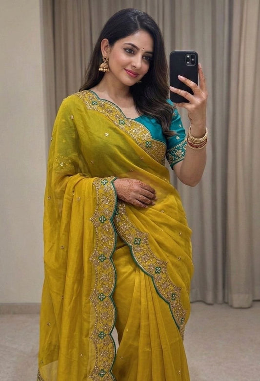 Premium  Rangoli Silk Saree for Women | Heavy Embroidered Designer Party Wear Saree with Contrast Blouse (RO13803)