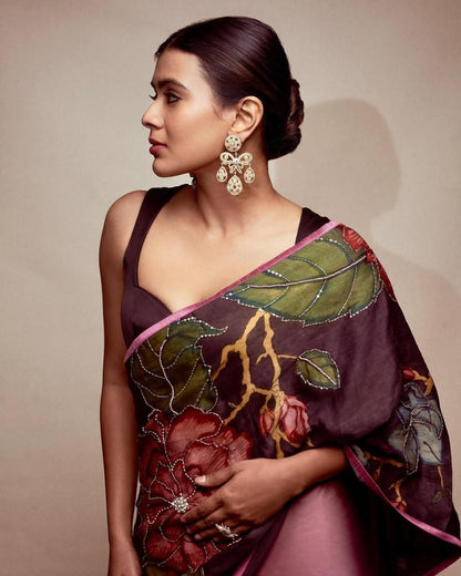 Black Rangoli Silk Kalamkari Print Saree with Hand Bead Work | Designer Party Wear & Festive Saree with Running Blouse