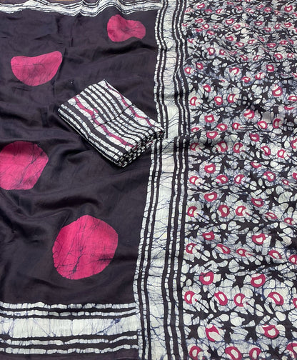 Premium Hand Block Printed Chanderi Cotton Saree – Batik & Ajrakh Design