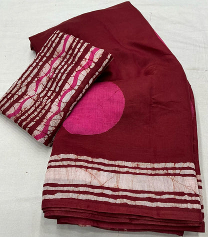 Premium Hand Block Printed Chanderi Cotton Saree – Batik & Ajrakh Design
