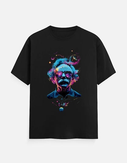 AMA B Abstract Portrait Graphic T-Shirt featuring a colorful, stylized portrait of Albert Einstein with E=mc2.