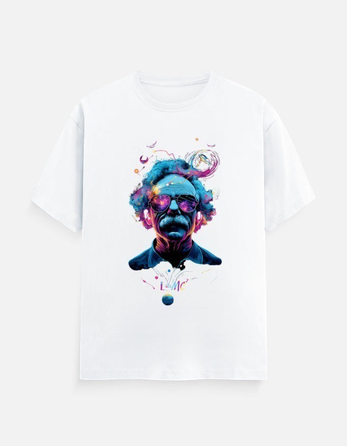 AMA B Abstract Portrait Graphic T-Shirt with colorful, cosmic-inspired hair and sunglasses.