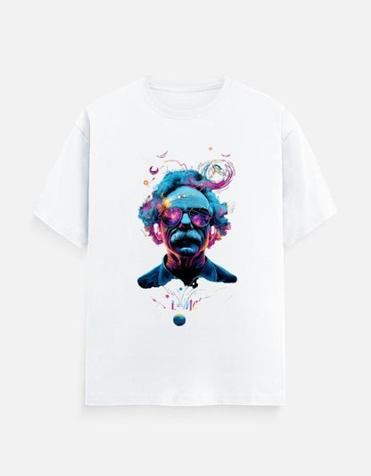 AMA B Abstract Portrait Graphic T-Shirt with colorful, cosmic-inspired hair and sunglasses.
