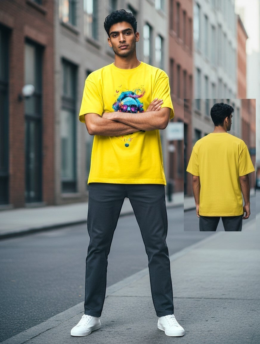 AMA B Abstract Portrait Graphic T-Shirt in yellow cotton with a colorful abstract portrait design on the front.