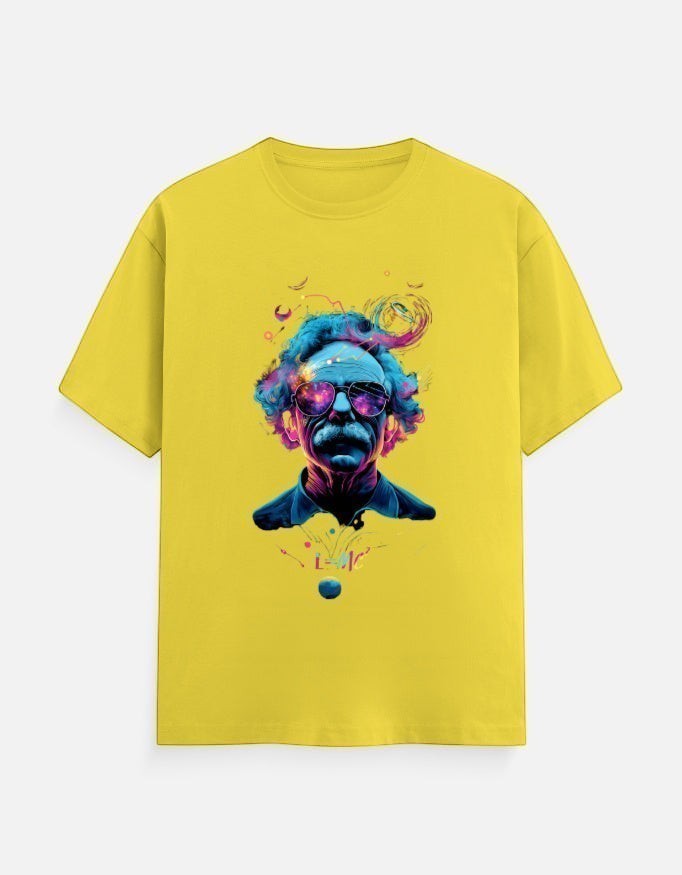 AMA B Abstract Portrait Graphic T-Shirt in yellow cotton with a colorful, abstract portrait of a man wearing sunglasses.