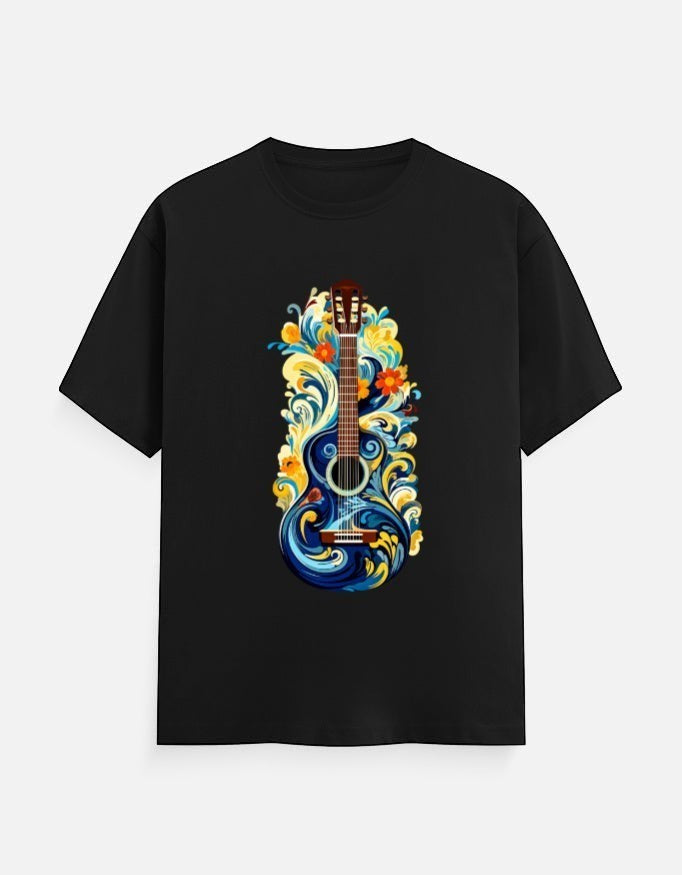 AMA B black 100% cotton crew neck t-shirt with a blue acoustic guitar graphic surrounded by colorful floral swirls.