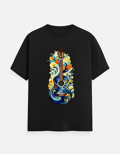 AMA B black 100% cotton crew neck t-shirt with a blue acoustic guitar graphic surrounded by colorful floral swirls.