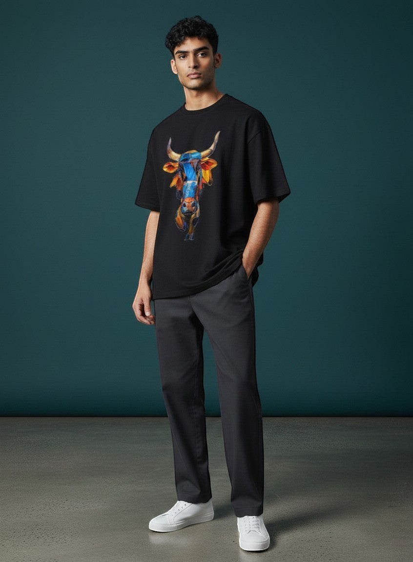 AMA B Unisex Classic Crew T-Shirt in black 100% cotton with a colorful abstract bull graphic.