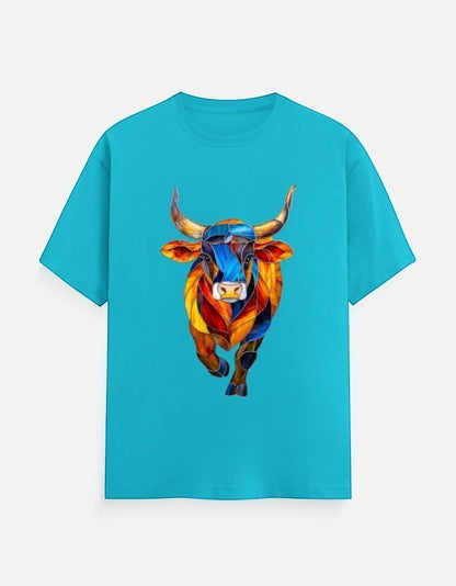 AMA B Classic Crew T-Shirt in turquoise with a stained-glass style bull graphic. 100% cotton.