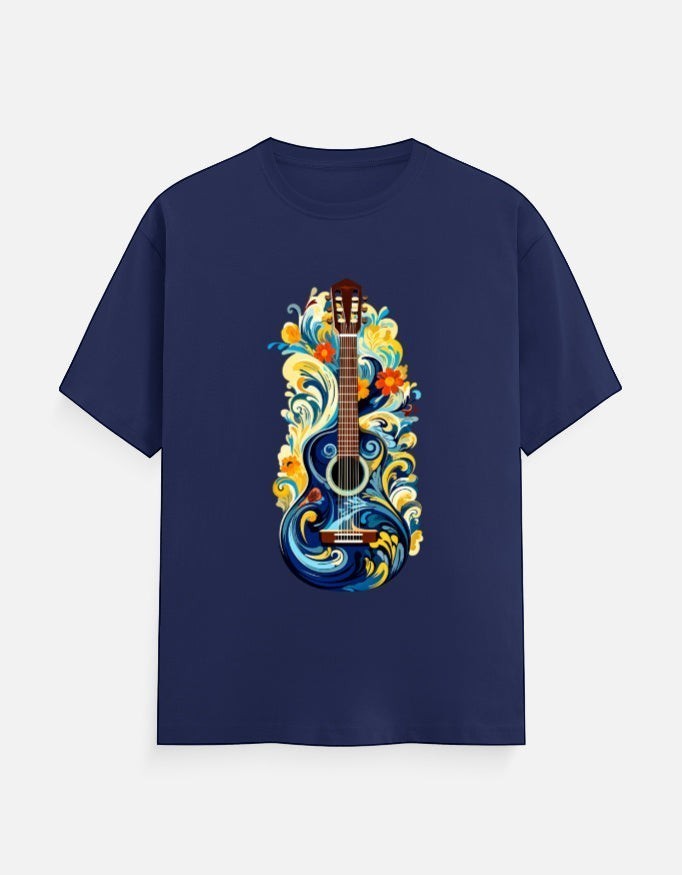AMA B Classic Crew T-Shirt in navy blue, 100% cotton, featuring a vibrant blue guitar with floral and wave designs.