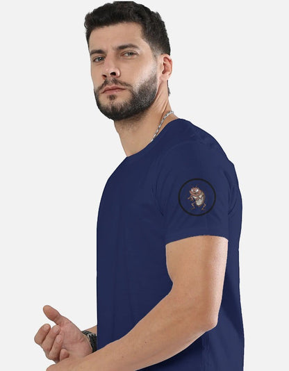 AMA B Graphic Print Oversized Cotton T-Shirt in navy blue with a small graphic on the sleeve.