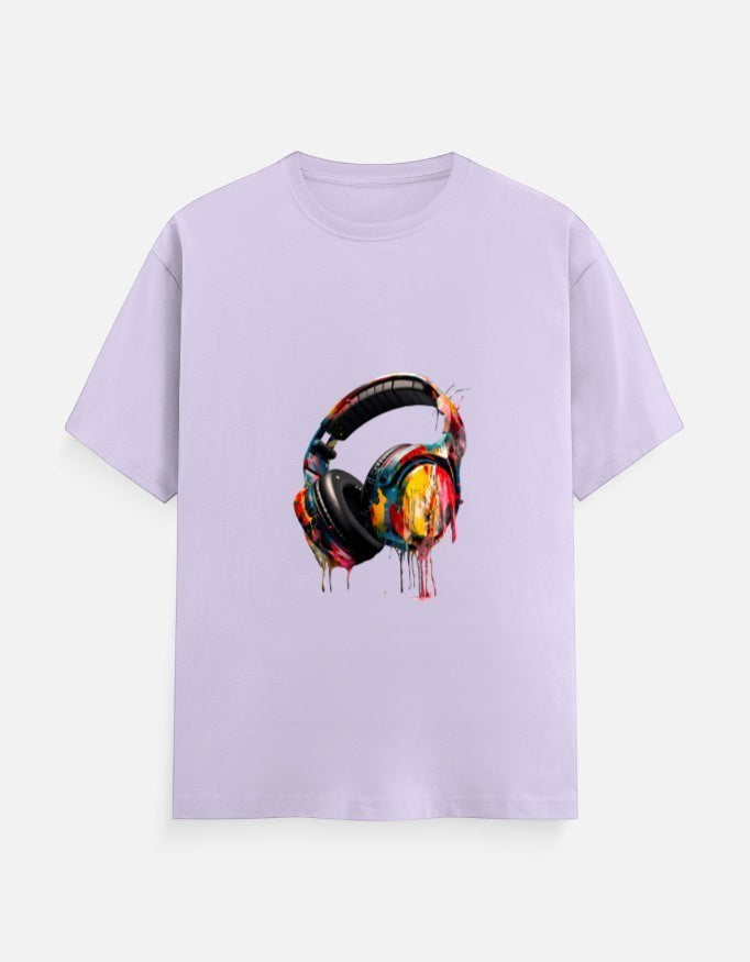 AMA B Graphic Print Short Sleeve Crew Neck T-Shirt with colorful dripping headphones graphic