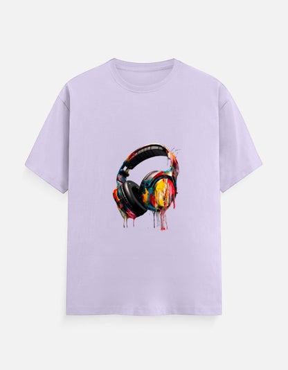 AMA B Graphic Print Short Sleeve Crew Neck T-Shirt with colorful dripping headphones graphic