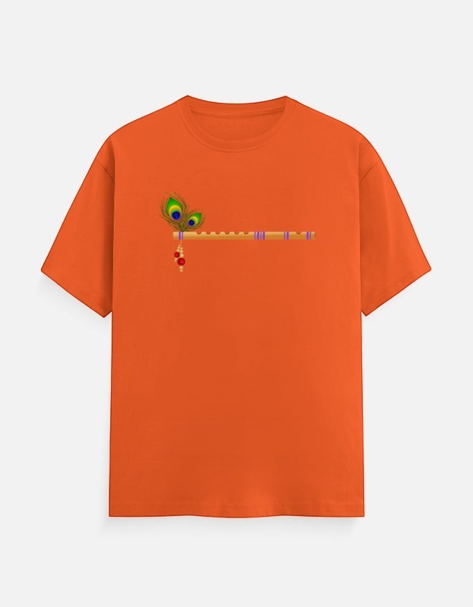 AMA B Unisex Classic Crew T-Shirt in orange, 100% cotton, featuring a flute with peacock feathers and beads graphic.