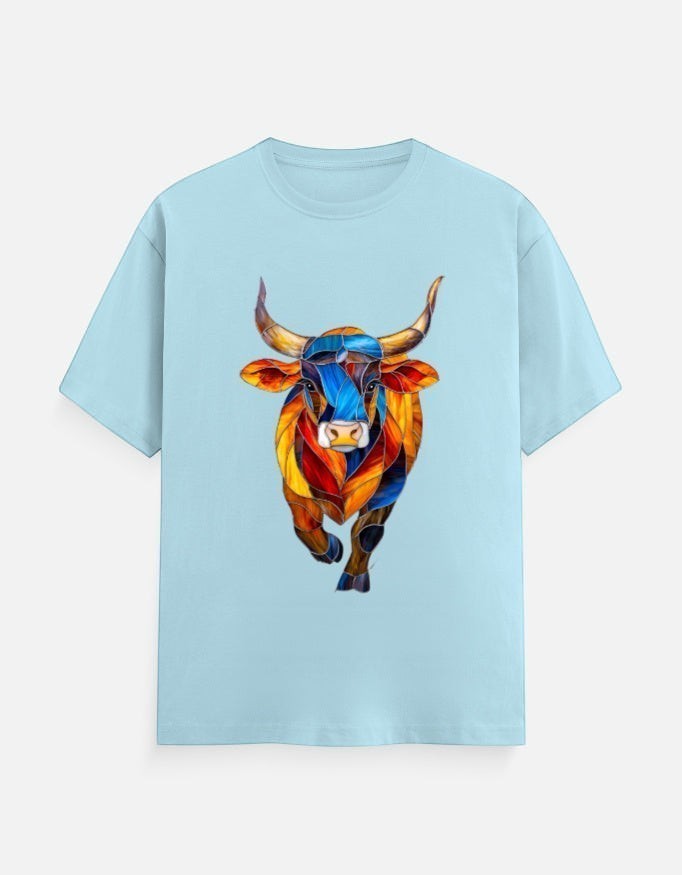 AMA B Unisex classic crew t-shirt in light blue with a colorful abstract bull graphic print. 100% cotton.
