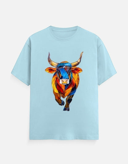 AMA B Unisex classic crew t-shirt in light blue with a colorful abstract bull graphic print. 100% cotton.