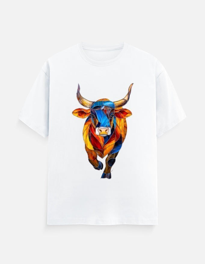 AMA B Unisex classic crew t-shirt in white 100% cotton with a colorful abstract bull graphic print.