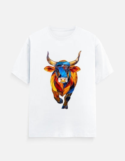 AMA B Unisex classic crew t-shirt in white 100% cotton with a colorful abstract bull graphic print.