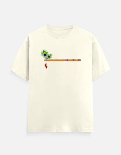 AMA B Unisex Classic Crew T-Shirt in cream with a Krishna flute and peacock feather graphic.