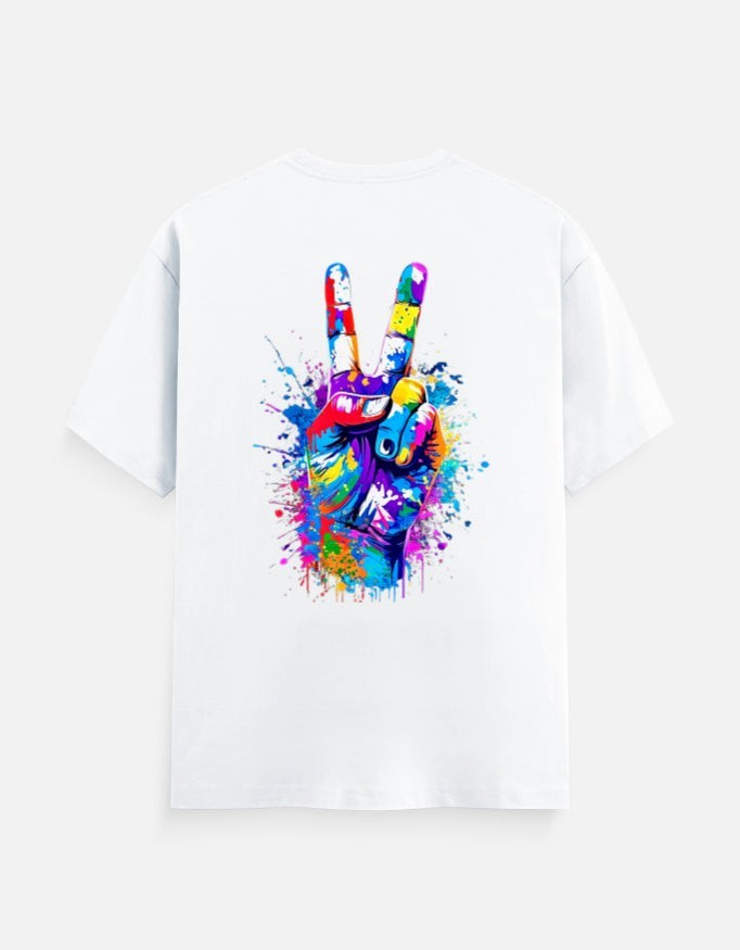 AMA B Victory Unisex Classic Crew Neck T-Shirt with colorful peace sign graphic on back. 100% cotton.