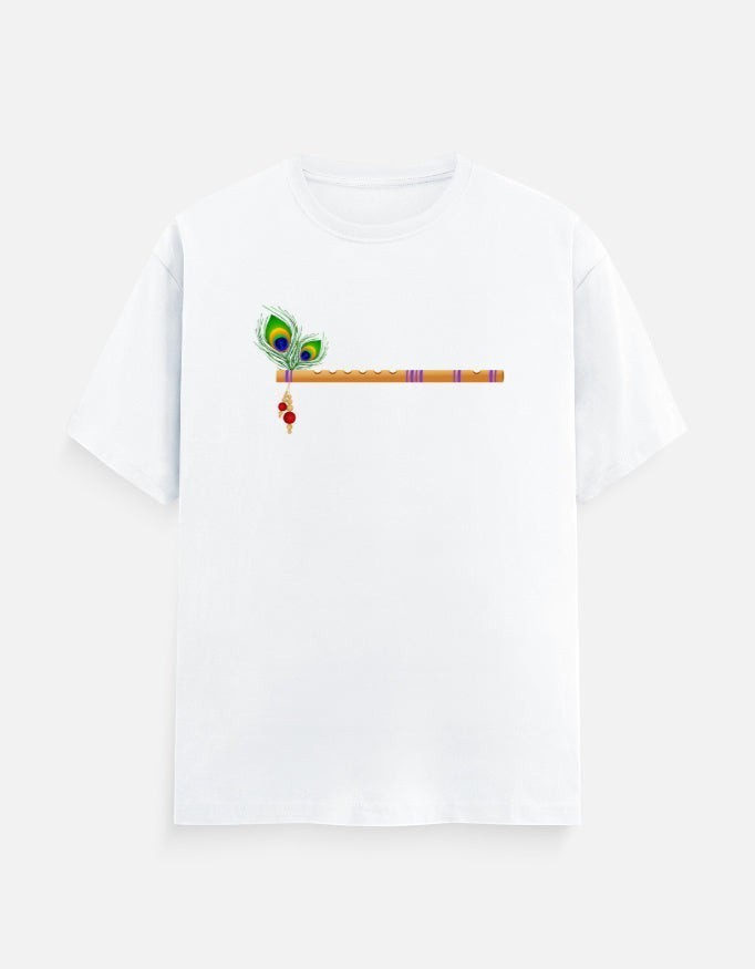 AMA B Unisex Classic Crew T-Shirt in white 100% cotton with a flute and peacock feather graphic.