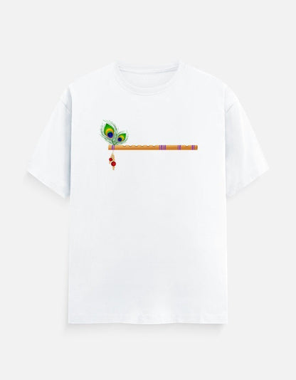 AMA B Unisex Classic Crew T-Shirt in white 100% cotton with a flute and peacock feather graphic.