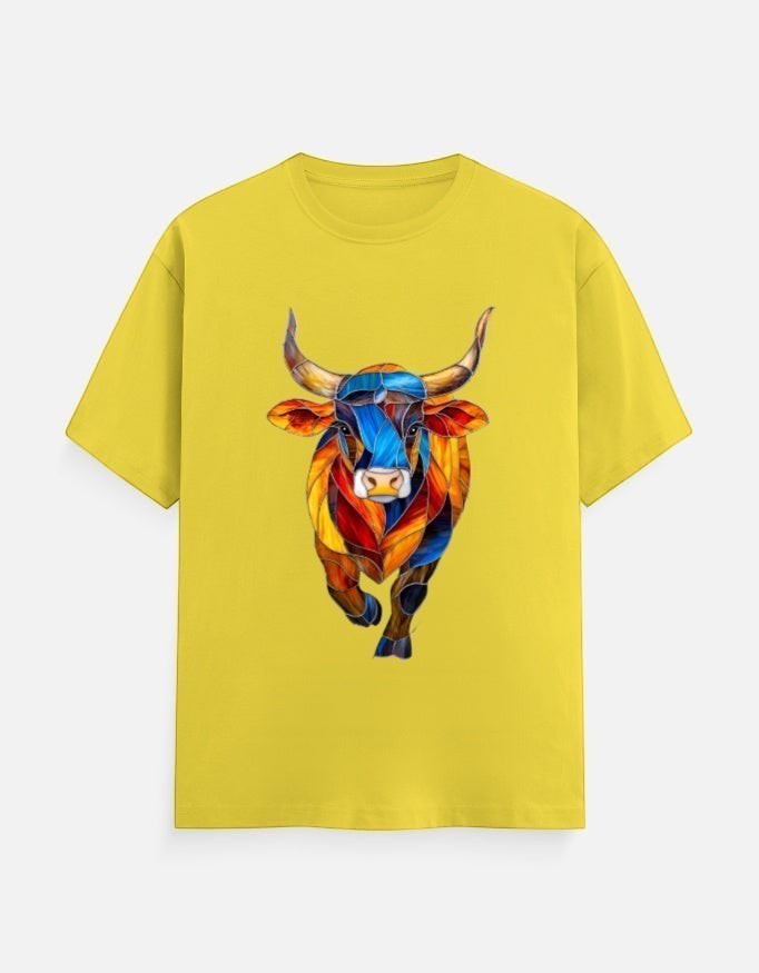 AMA B Unisex Classic Crew T-Shirt in yellow, 100% cotton, featuring a colorful abstract bull graphic.