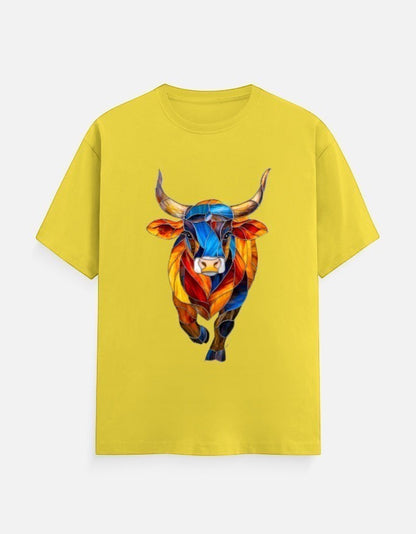 AMA B Unisex Classic Crew T-Shirt in yellow, 100% cotton, featuring a colorful abstract bull graphic.