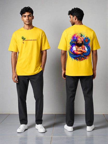 AMA B Unisex Classic Crew T-Shirt in yellow 100% cotton with a graphic print of a flute and peacock feather on the front and a colorful portrait on the back.