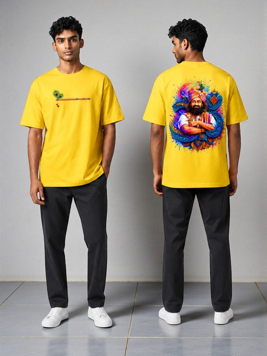 AMA B Unisex Classic Crew T-Shirt in yellow 100% cotton with a graphic print of a flute and peacock feather on the front and a colorful portrait on the back.