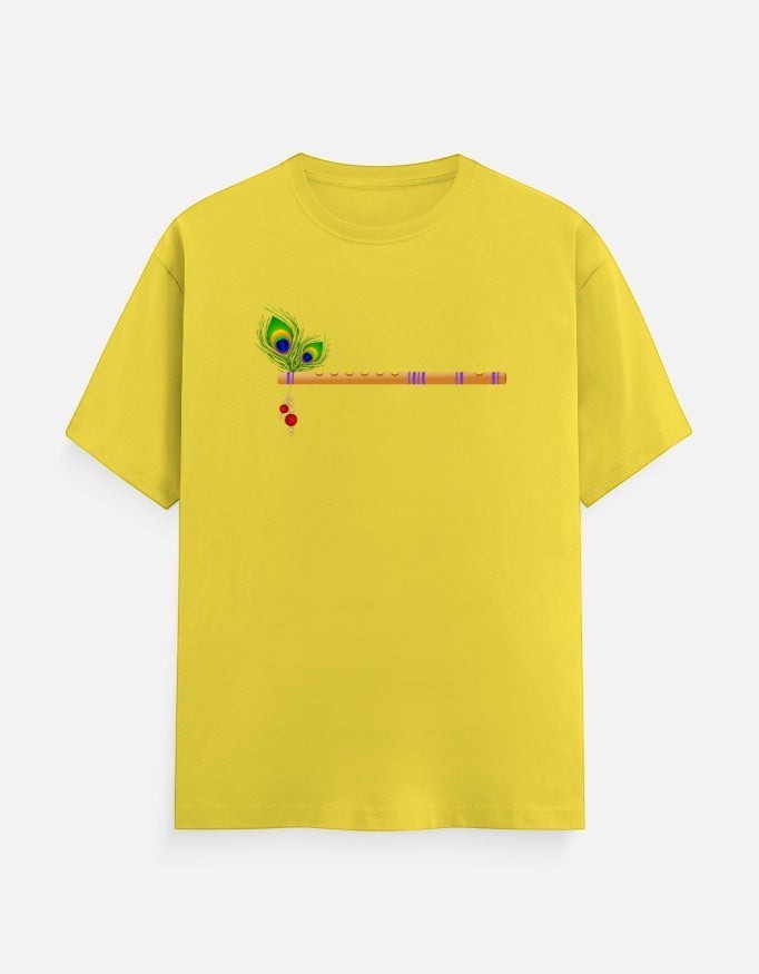 AMA B Unisex Classic Crew T-Shirt in yellow, 100% cotton, featuring a Krishna flute and peacock feather graphic.