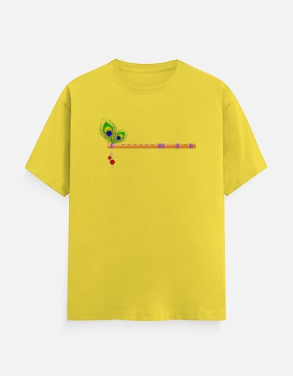 AMA B Unisex Classic Crew T-Shirt in yellow, 100% cotton, featuring a Krishna flute and peacock feather graphic.