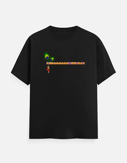 AMA Black 100% cotton unisex crew neck t-shirt with a Krishna flute and peacock feather graphic.