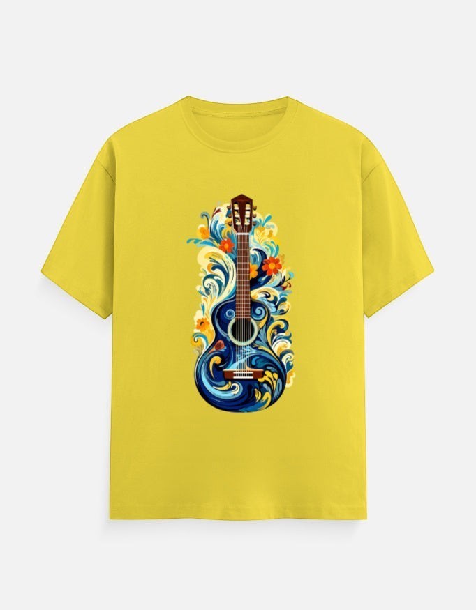 AMA B Classic Crew T-Shirt in yellow, 100% cotton, featuring a vibrant blue guitar with floral and wave design.