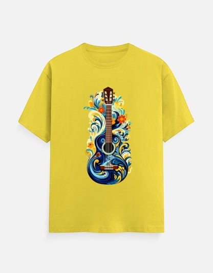 AMA B Classic Crew T-Shirt in yellow, 100% cotton, featuring a vibrant blue guitar with floral and wave design.