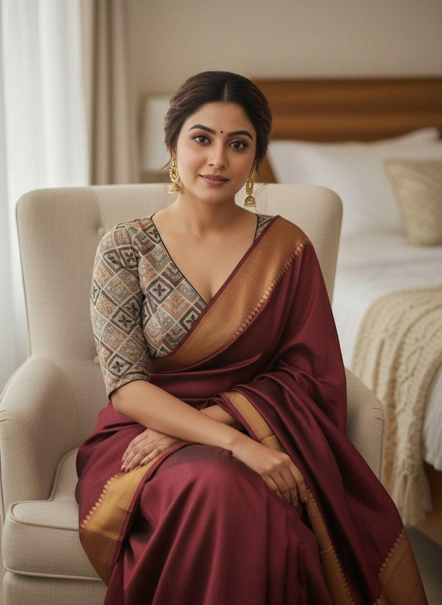 AMAB designer printed blouse with geometric pattern and deep V-neck, paired with a maroon silk saree.