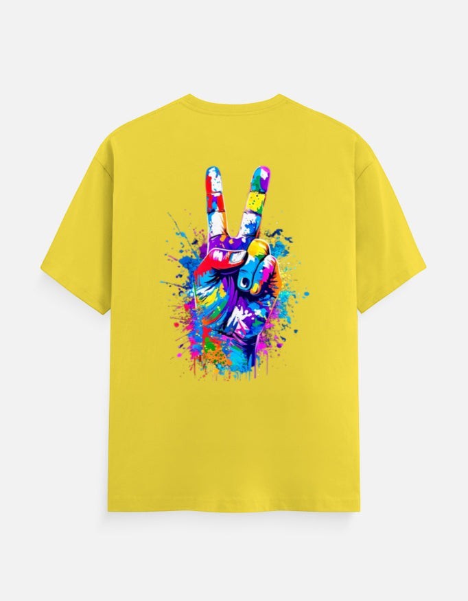 AMA B Victory Unisex Classic Crew Neck T-Shirt in yellow, 100% cotton, featuring a colorful peace sign graphic on the back.
