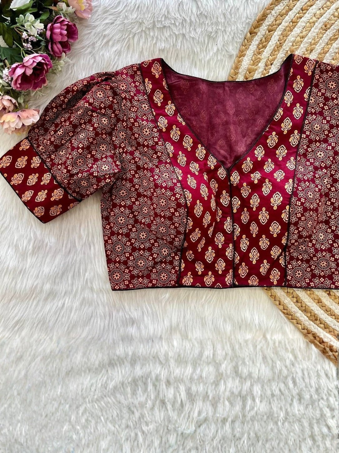 AMAB Original Ajrakh Print Cambric Cotton Blouse with puff sleeves and front open design in maroon and gold.